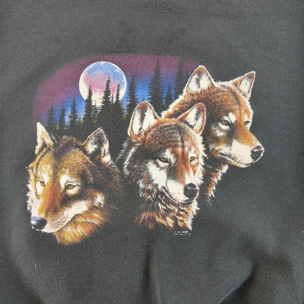 Vintage 90s Fruit of the Loom Wolves Sweatshirt Mens XL Black Moon Graphic - Picture 2 of 10
